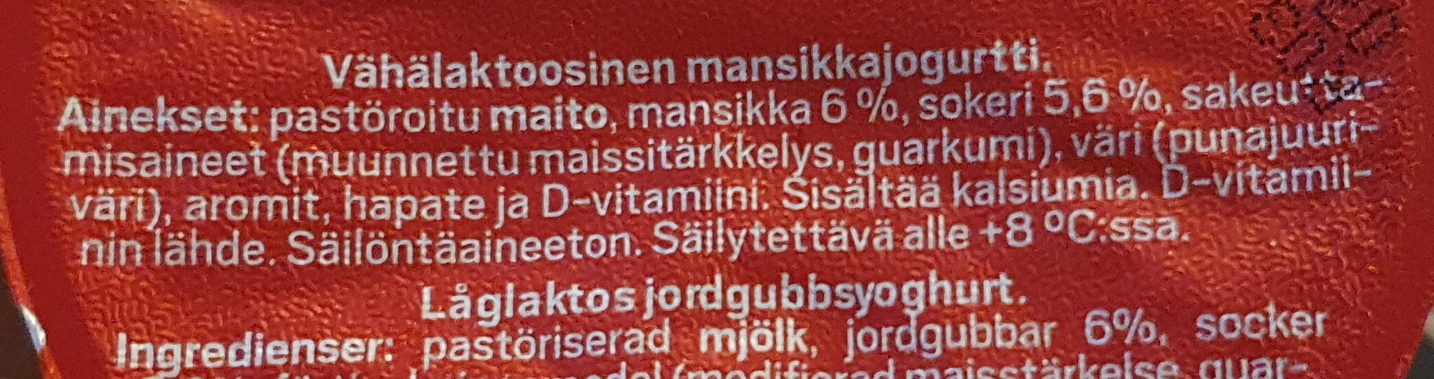 Valiojogurtti Mansikka - Ainesosat - fi