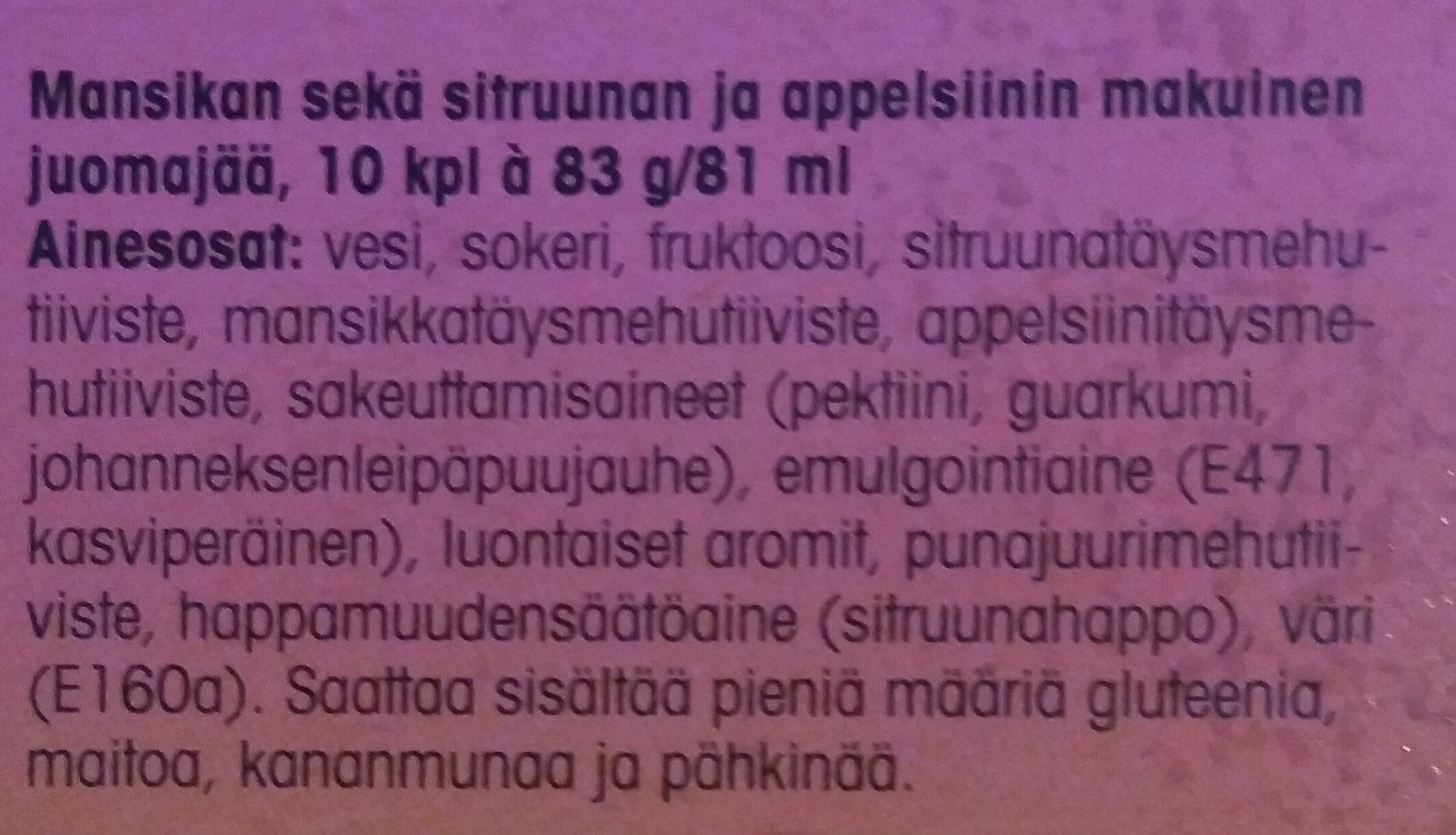Amppari mansikka-sitrus juomajää - Ainesosat - fi