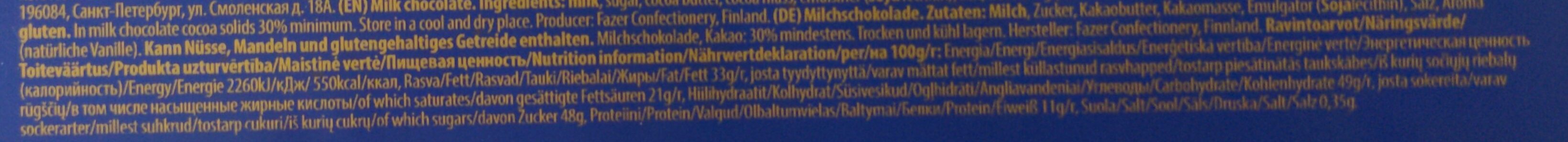 Karl Fazer Milk Chocolate - Ravintosisältö - fi
