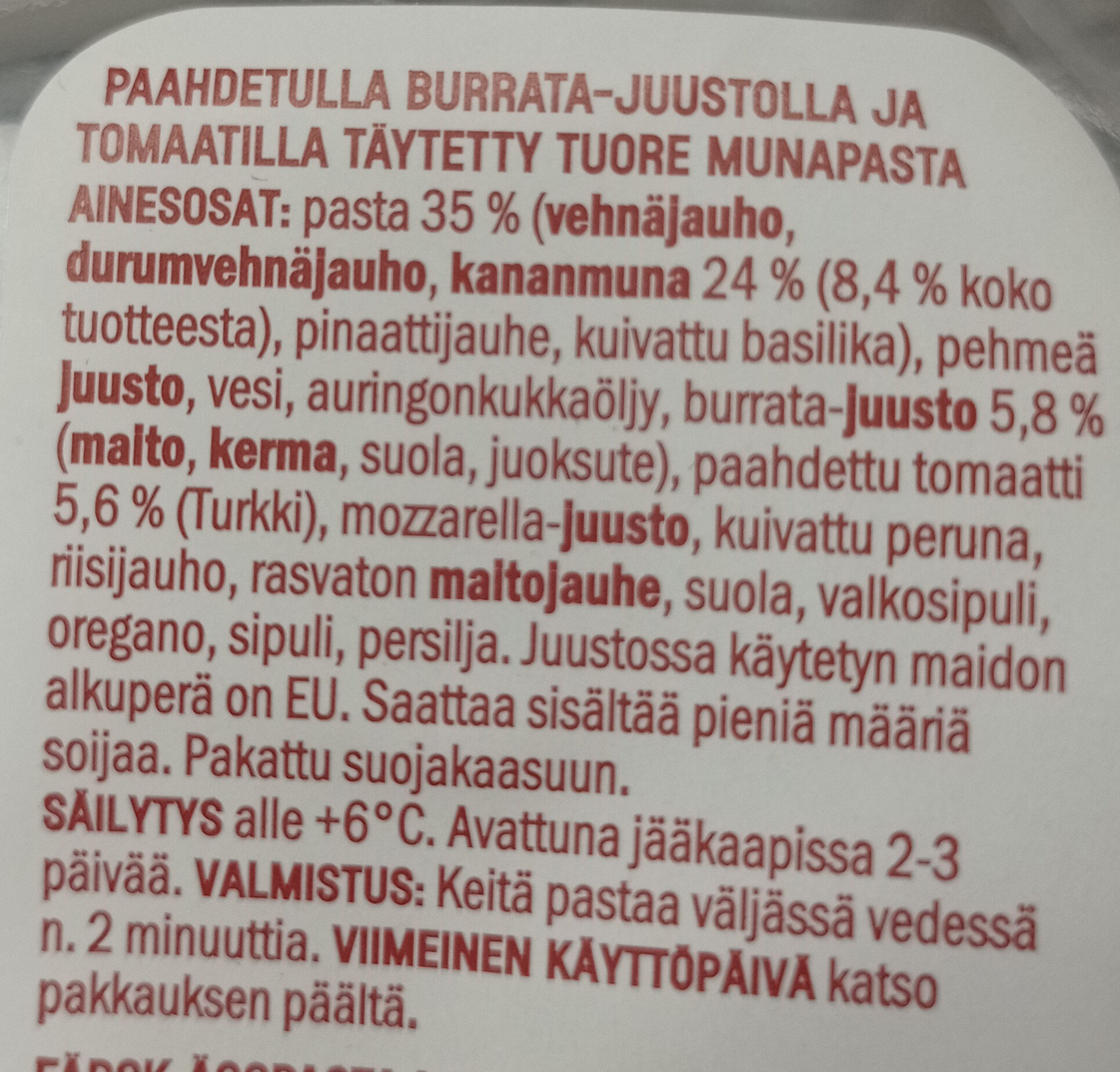 ravioli. burrata pomodori arrostiti - Ainesosat - fi